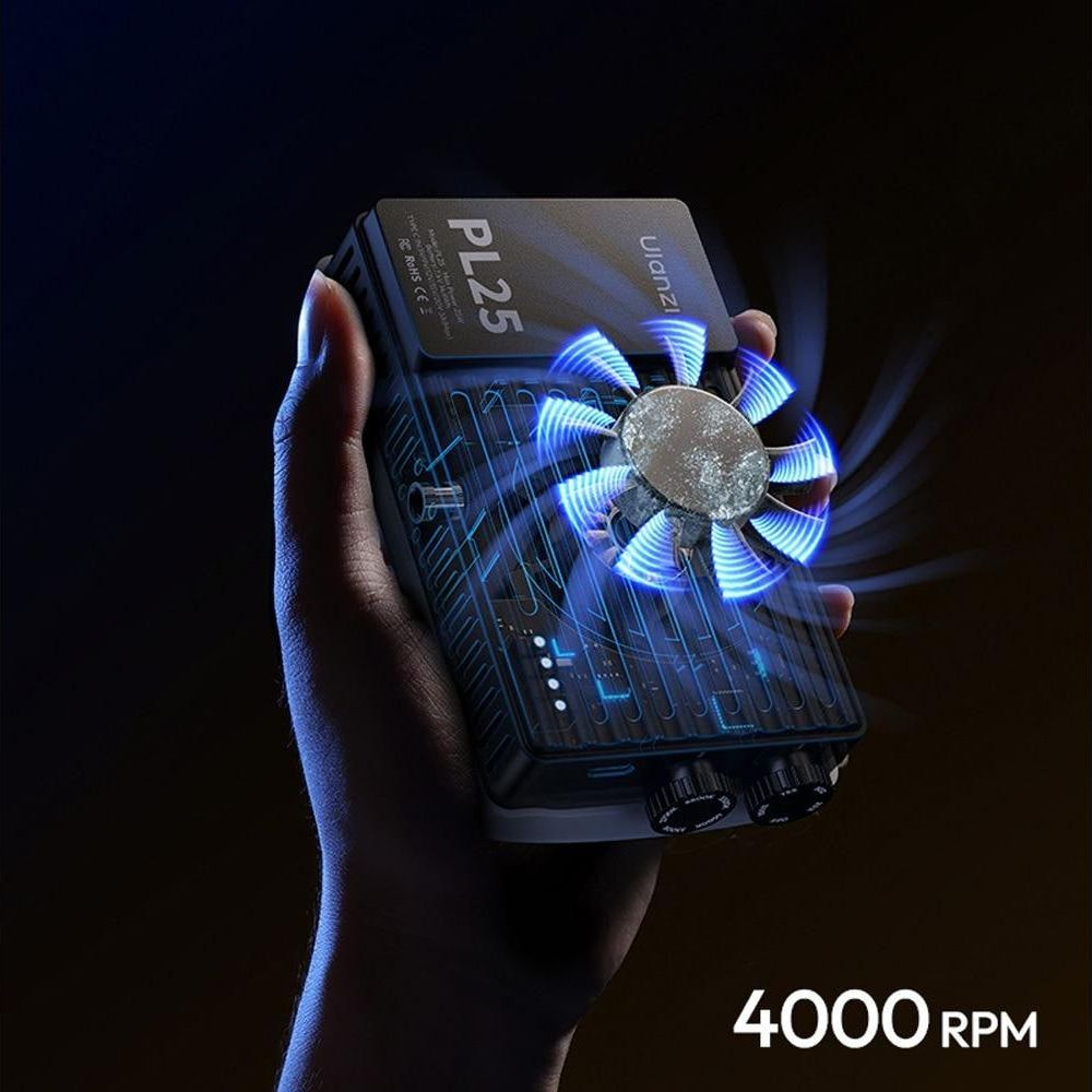 Dłoń trzyma czarne urządzenie z obracającym się wentylatorem i niebieskimi światłami. Tekst: 4000 obr./min.