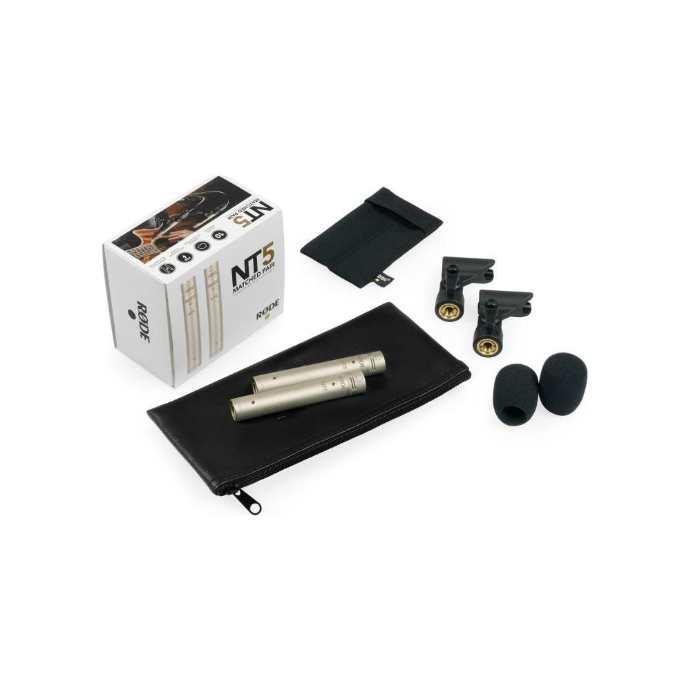 Zestaw mikrofonów Rode NT5 z akcesoriami na białym tle.