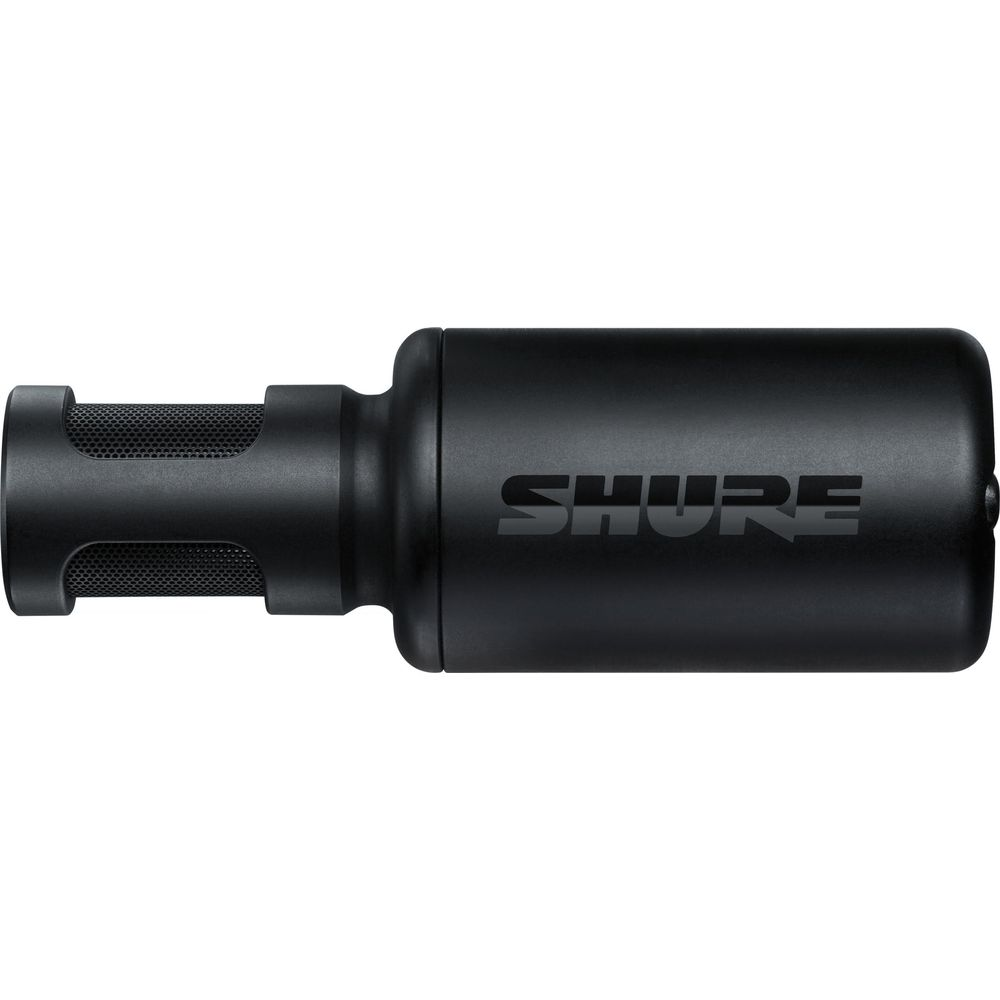 Schwarzes Shure Mikrofon mit Gitterspitze und fühlbarem Logo.