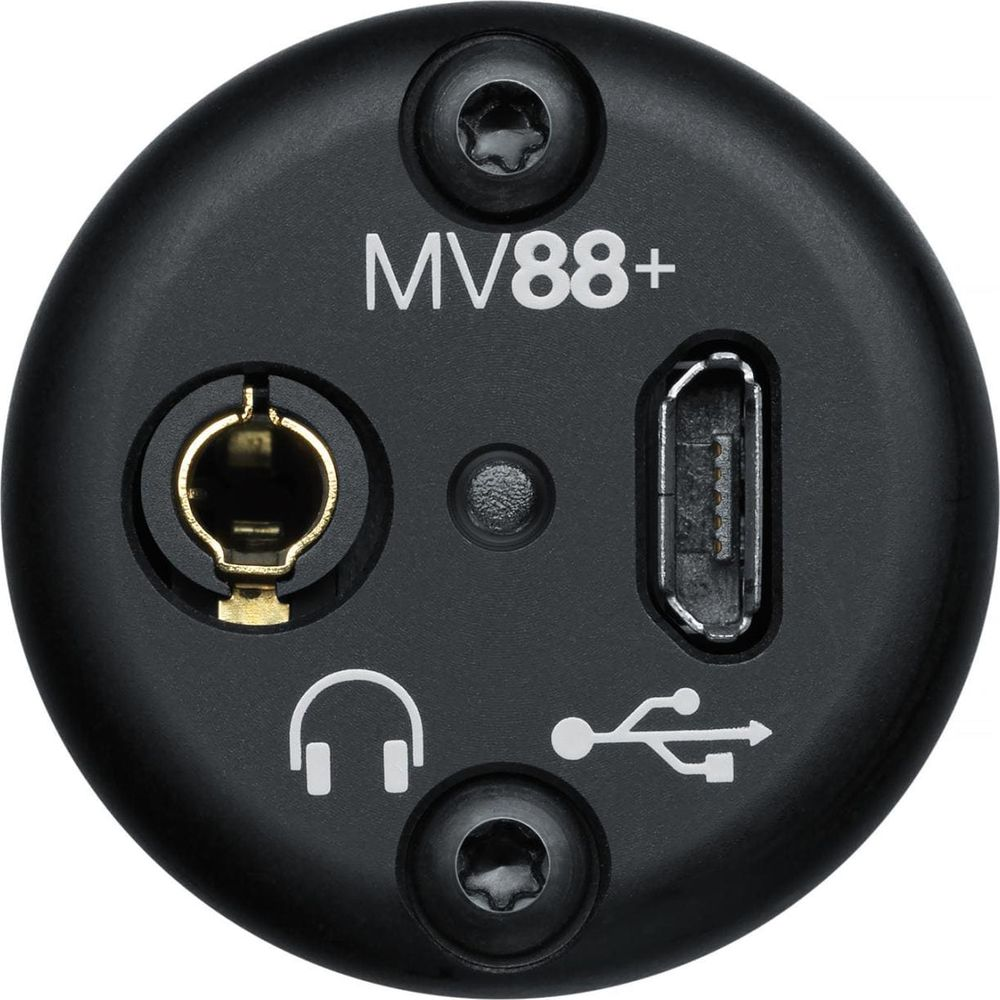 Schwarzer runder Anschluss mit MV88+ Schriftzug, Kopfhörer- und USB-Anschluss.