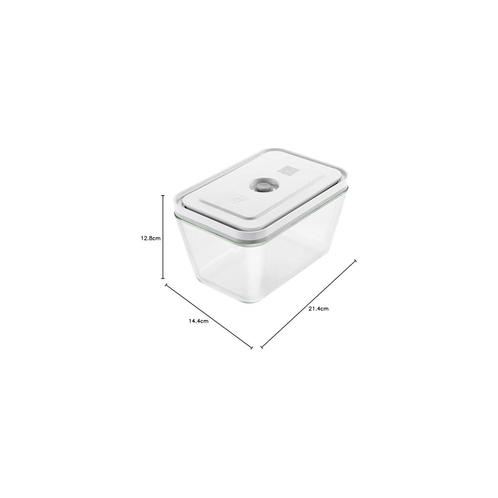Un recipiente rectangular transparente con tapa blanca, se muestran las dimensiones.