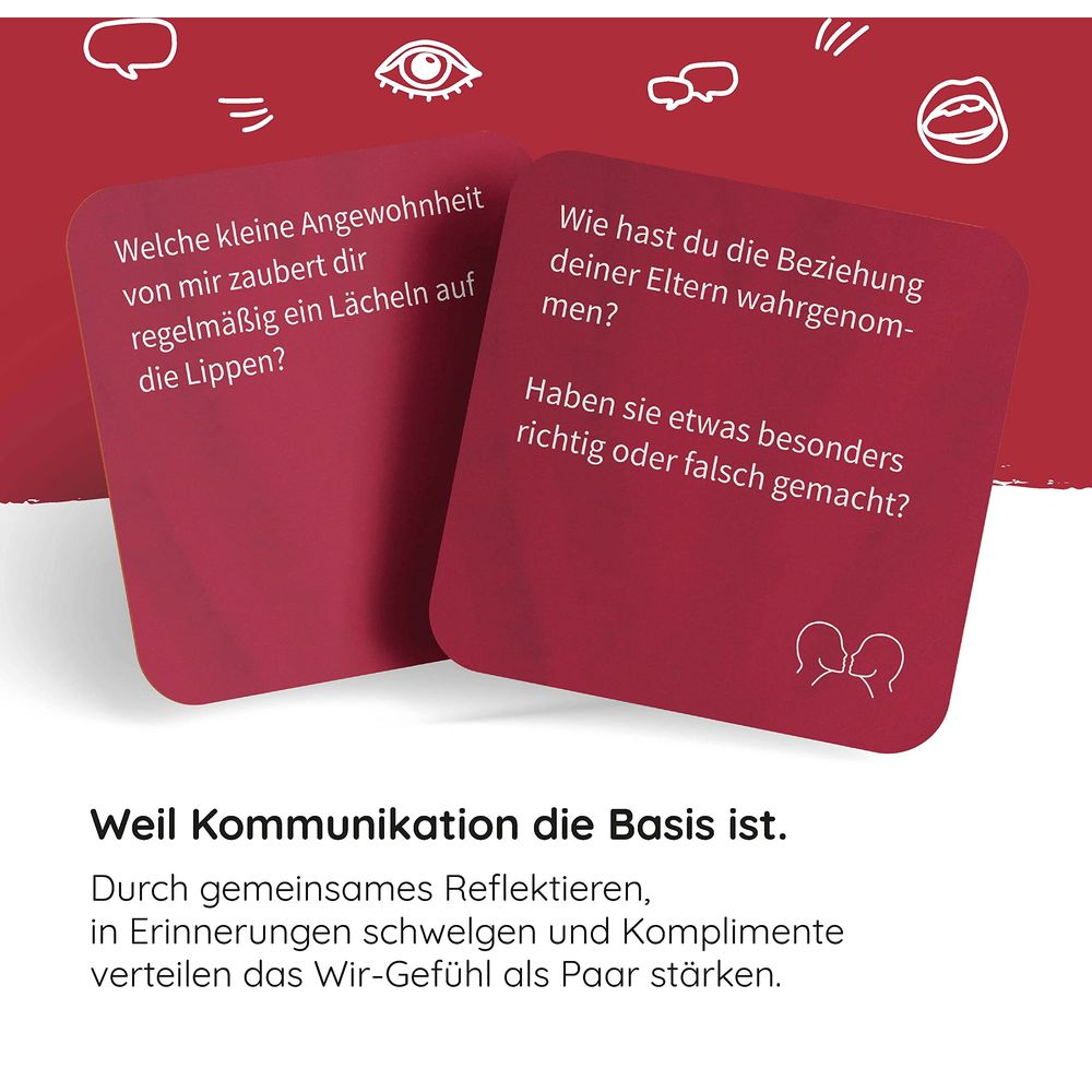 Zwei rote Karten mit Fragen zur Beziehung und Kommunikati
