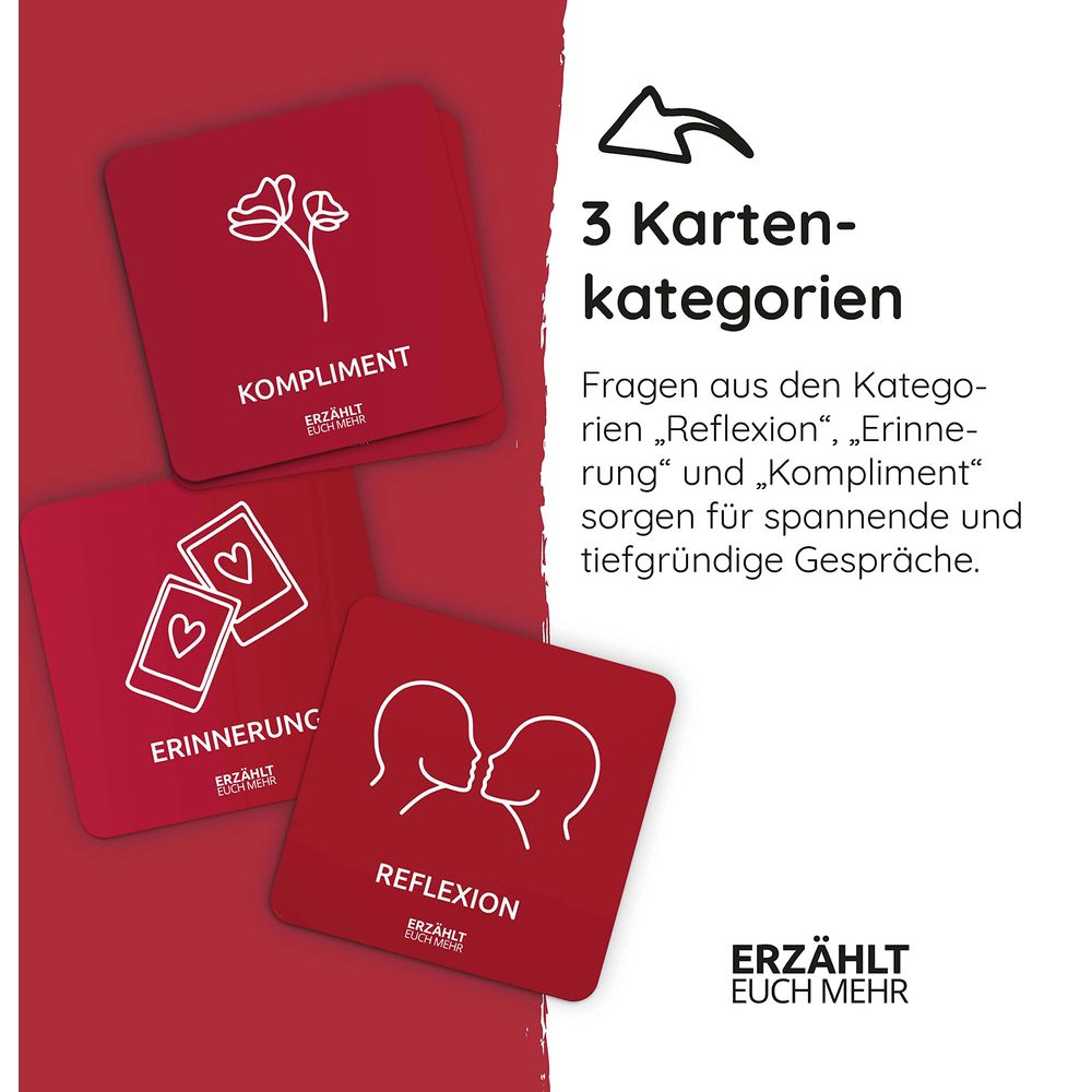 Drei rote Karten mit Symbolen: Reflexion, Erinnerung, Kompliment.