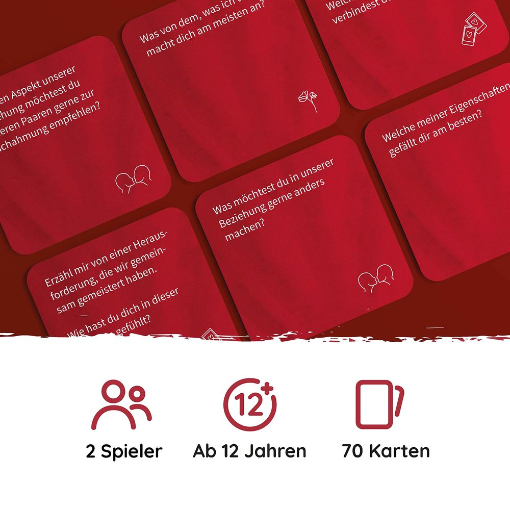 Rote Karten mit Beziehungsfragen, Spielinfos: 2 Spieler, ab 12 J., 70 Karten.