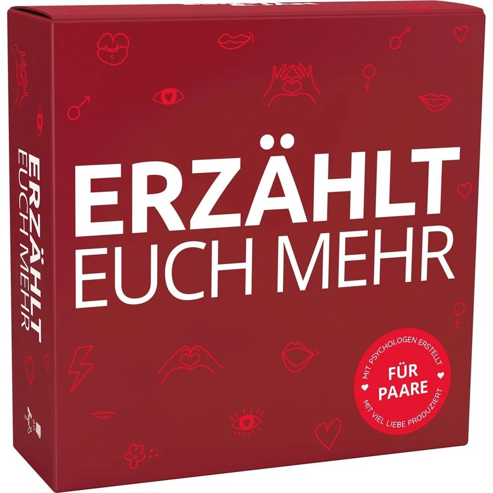 Rote Box mit weißer Schrift "Erzählt euch mehr" und kleinen Symbolen.