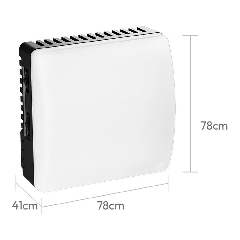 Biały, prostokątny dyfuzor panelu LED z czarnymi otworami wentylacyjnymi i wymiarami.