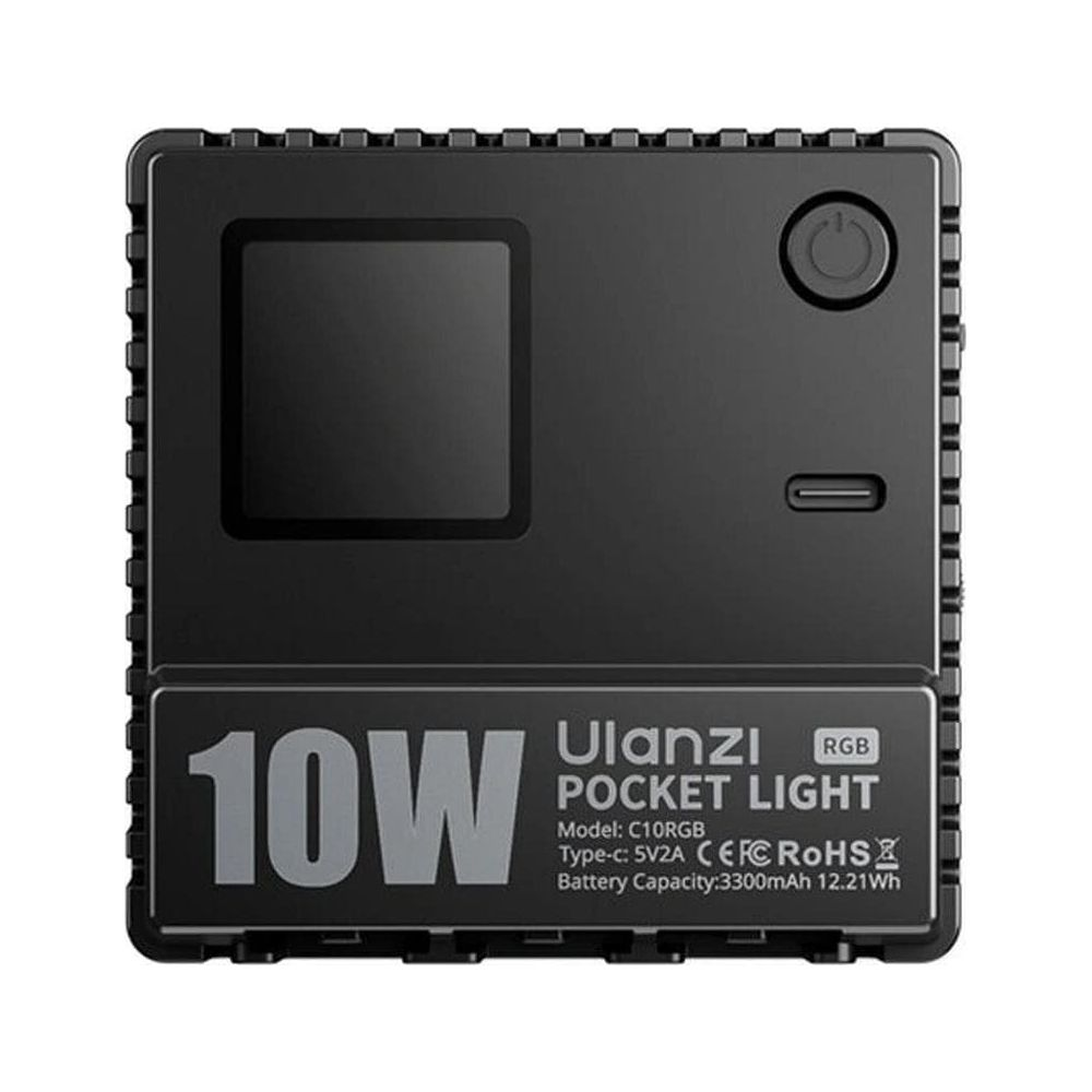 Czarna lampa kieszonkowa Ulanzi RGB 10W, USB-C i bateria 3300mAh.