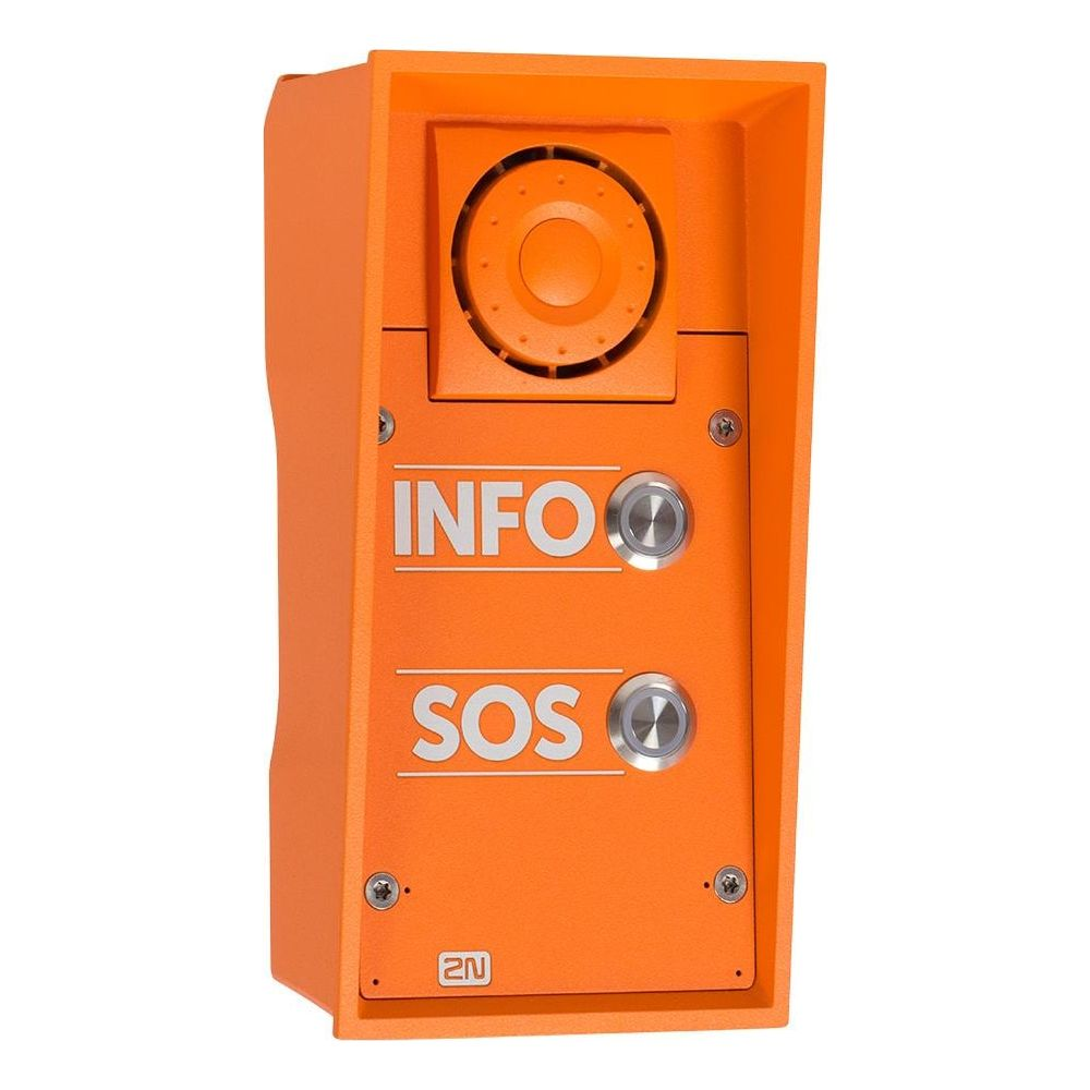 Orangefarbenes Notruftelefon mit INFO- und SOS-Tasten sowie Lautsprecher.