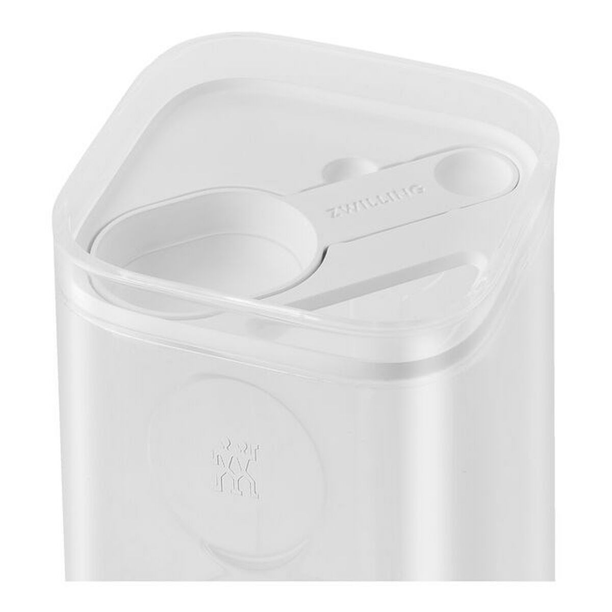 Weiße Aufbewahrungsbox mit Löffel und Logo.