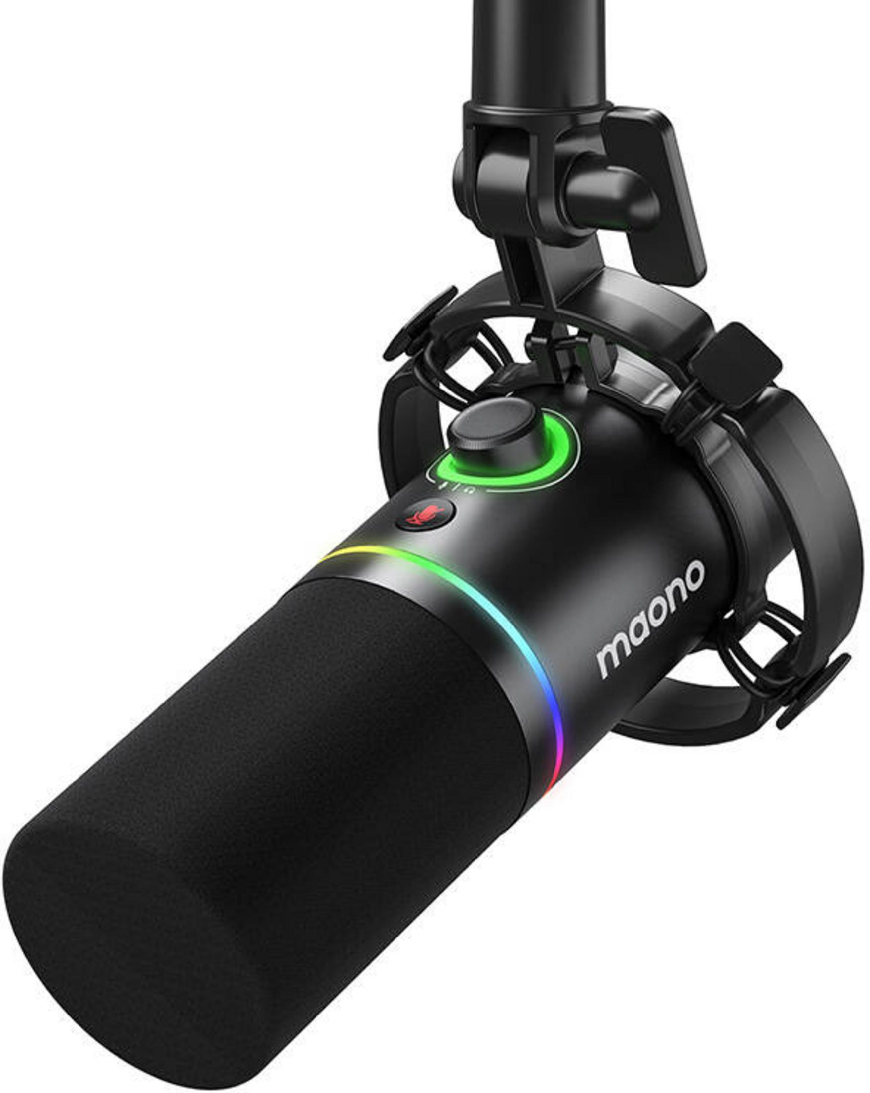 Zwarte microfoon met RGB-verlichting, microfoonstandaard en draaiknop.