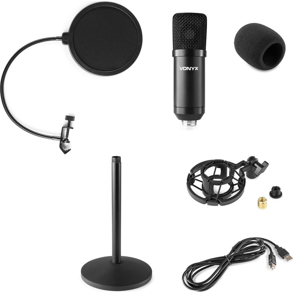 Mikrofon Vonyx, filtr pop, stojak, uchwyt amortyzujący, piankowa osłona, kabel USB.