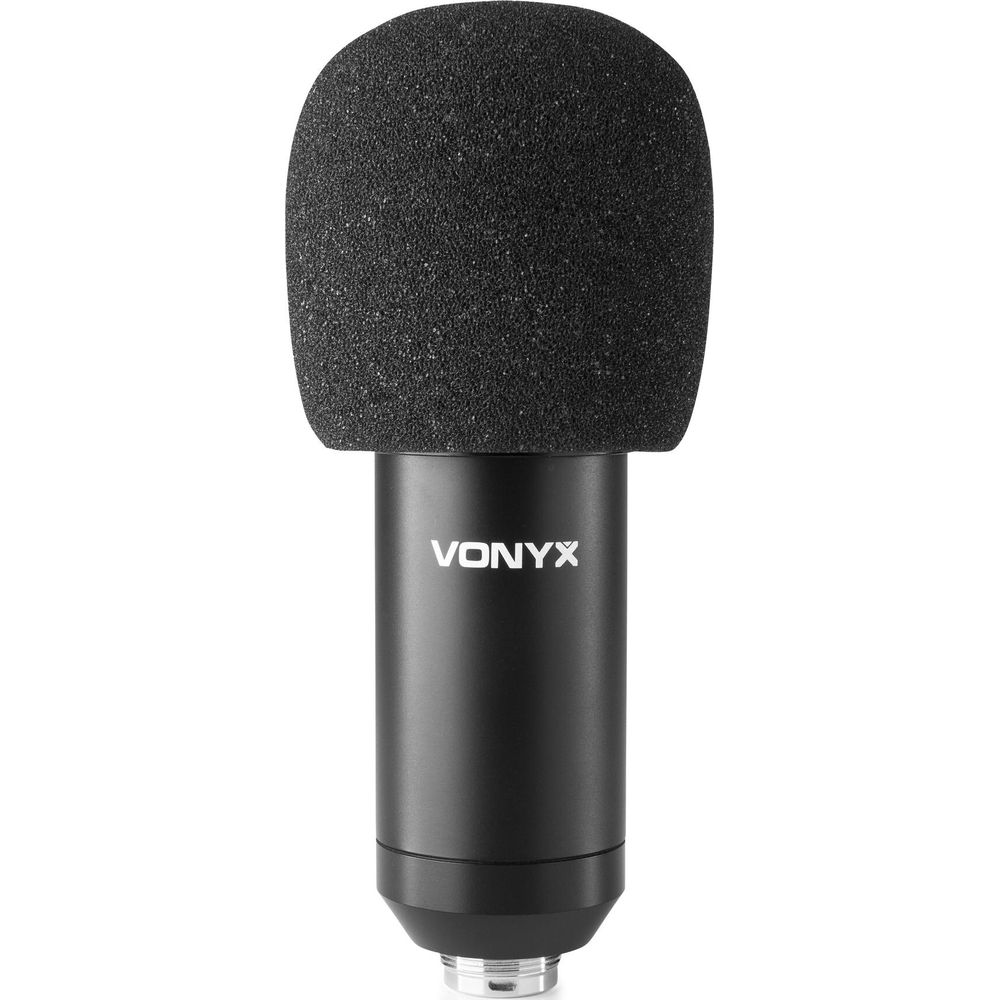 Czarny mikrofon Vonyx z gąbką przeciwwietrzną, biały napis.