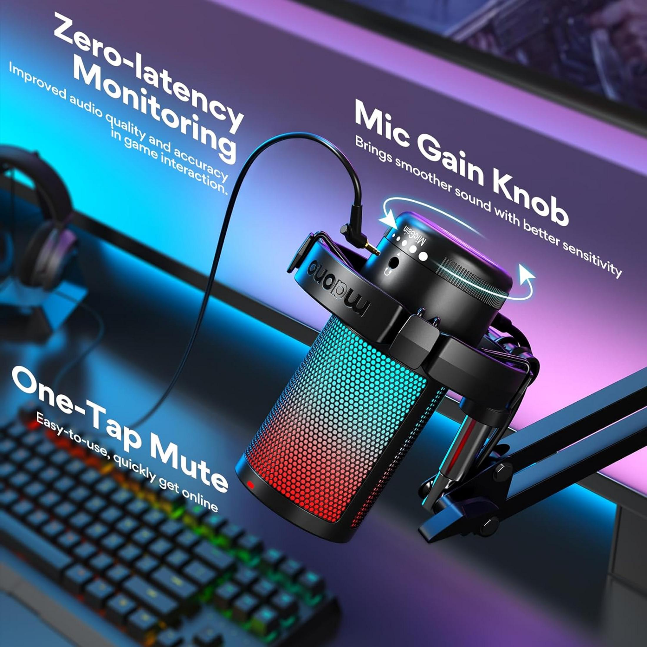 Un microfono nero con illuminazione RGB è su una scrivania accanto a una tastiera.
