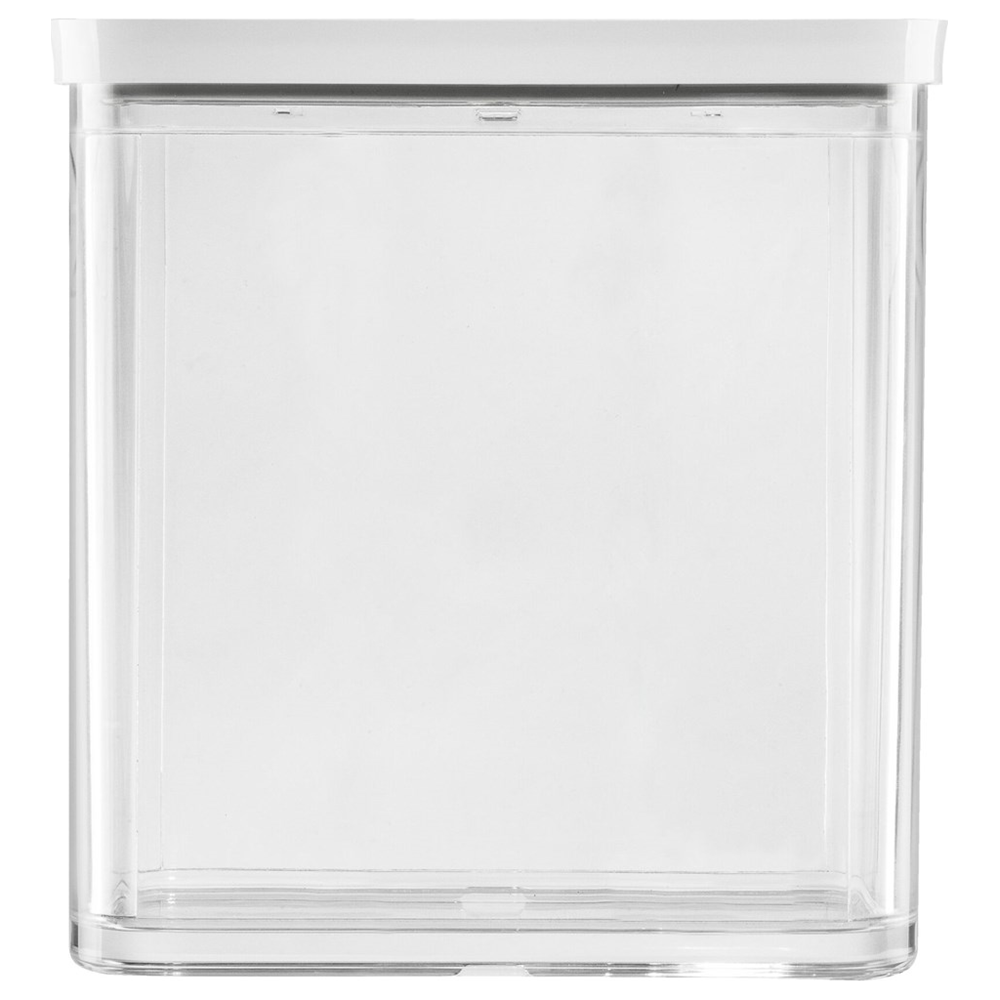 Un recipiente de almacenamiento rectangular, transparente y vacío con tapa blanca.