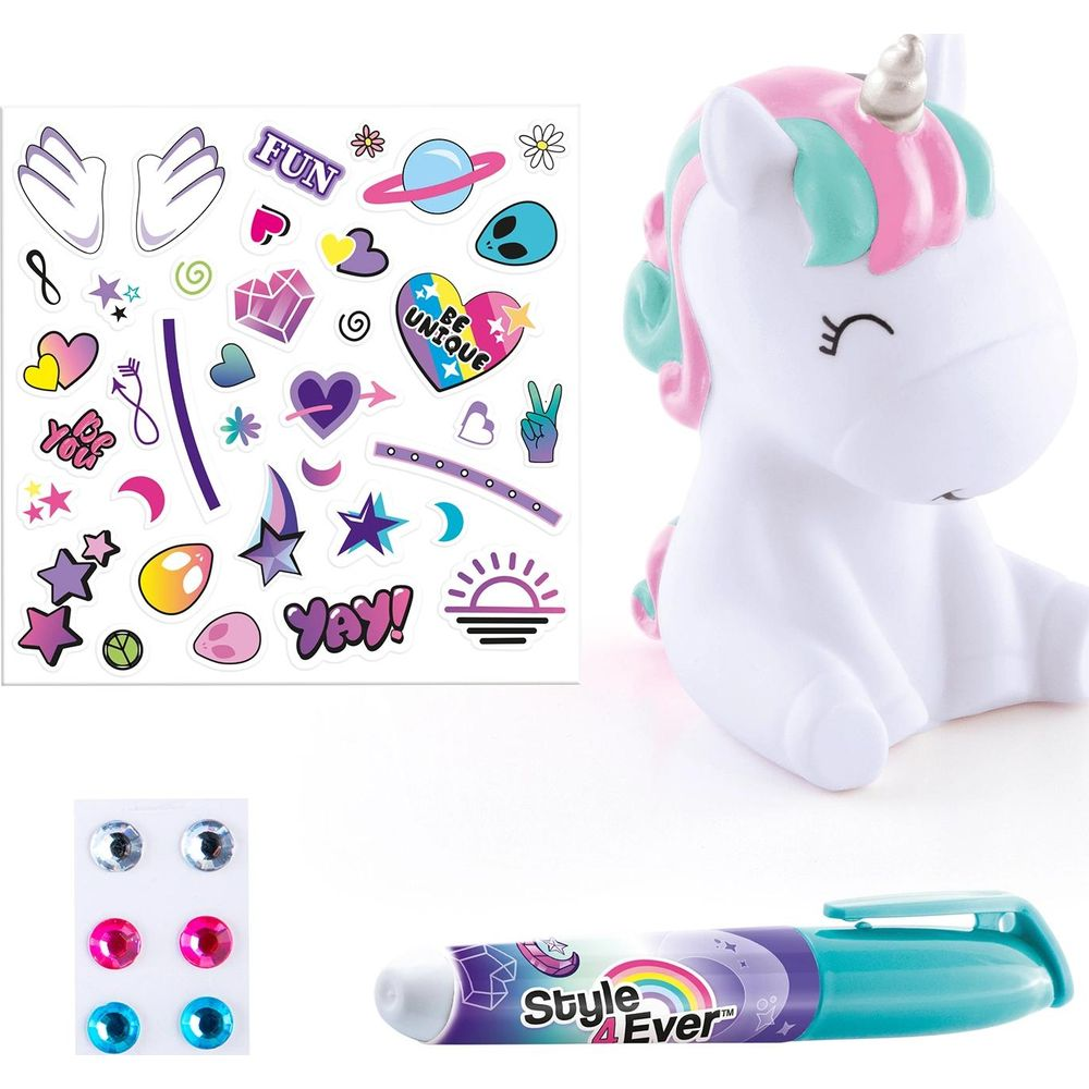 Einhorn-Set mit Aufklebern, Strasssteinen und einem Stift.