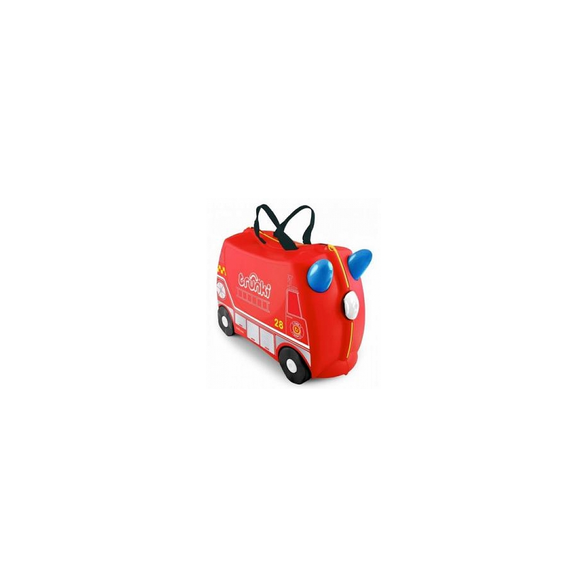 Una valigia per bambini rossa a forma di camion dei pompieri con luci blu.