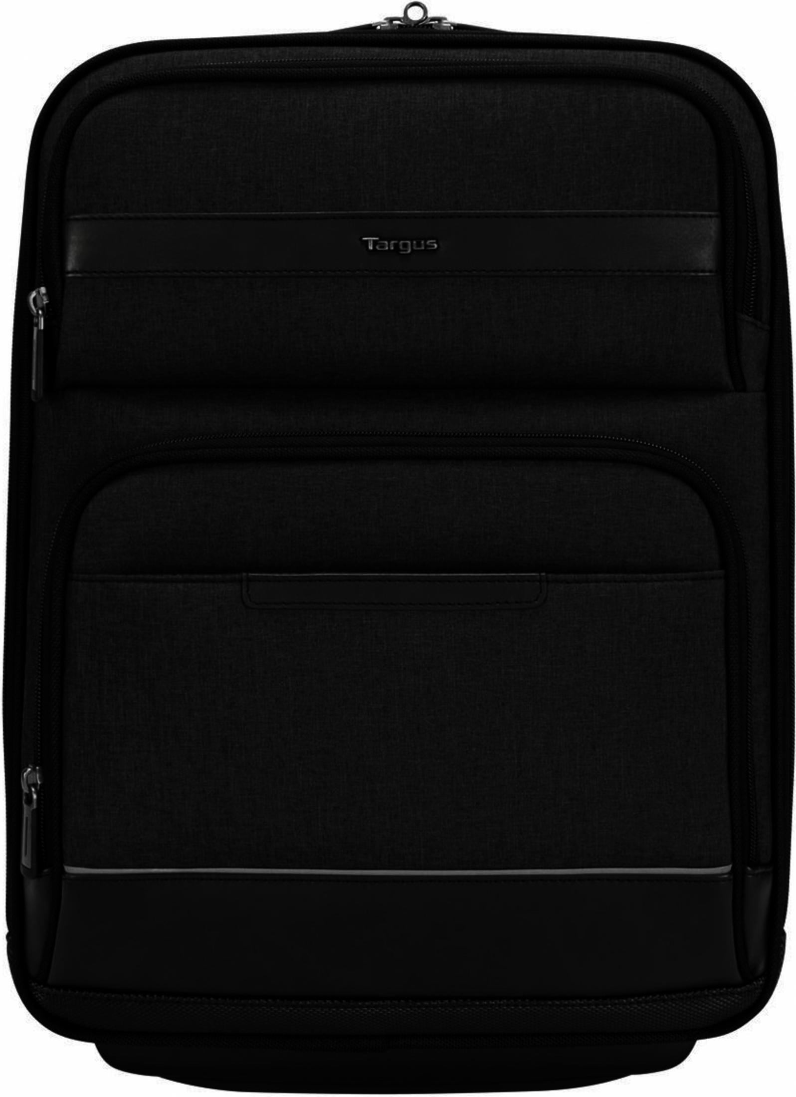 Zaino Targus nero con cerniere e striscia decorativa in pelle.