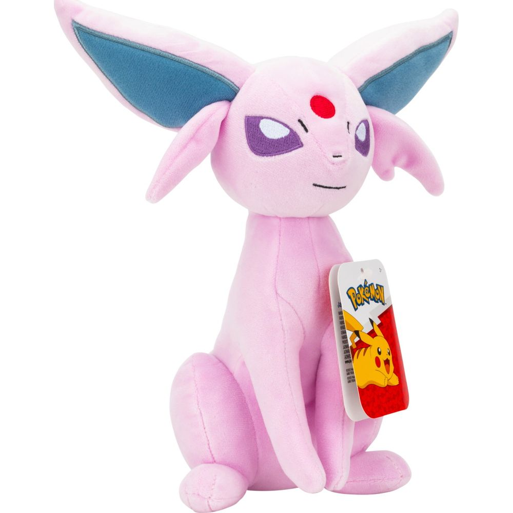 Peluche rosa di Espeon con grandi orecchie e una gemma rossa sulla fronte.