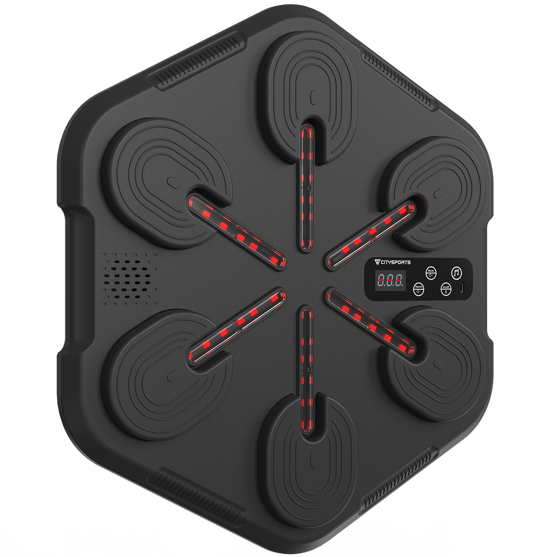 Czarny sześciokątny sprzęt fitness z czerwonymi światłami i cyfrowym wyświetlaczem.