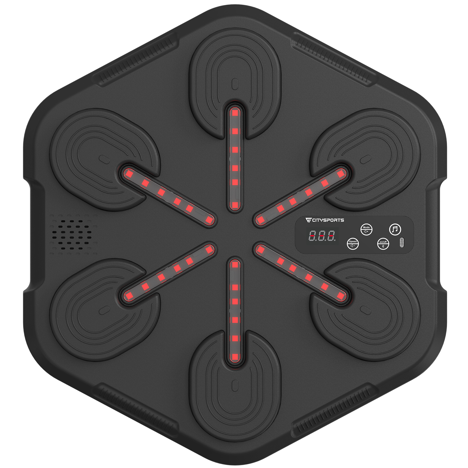 Czarny sześciokątny gadżet z czerwonymi światłami i panelami.