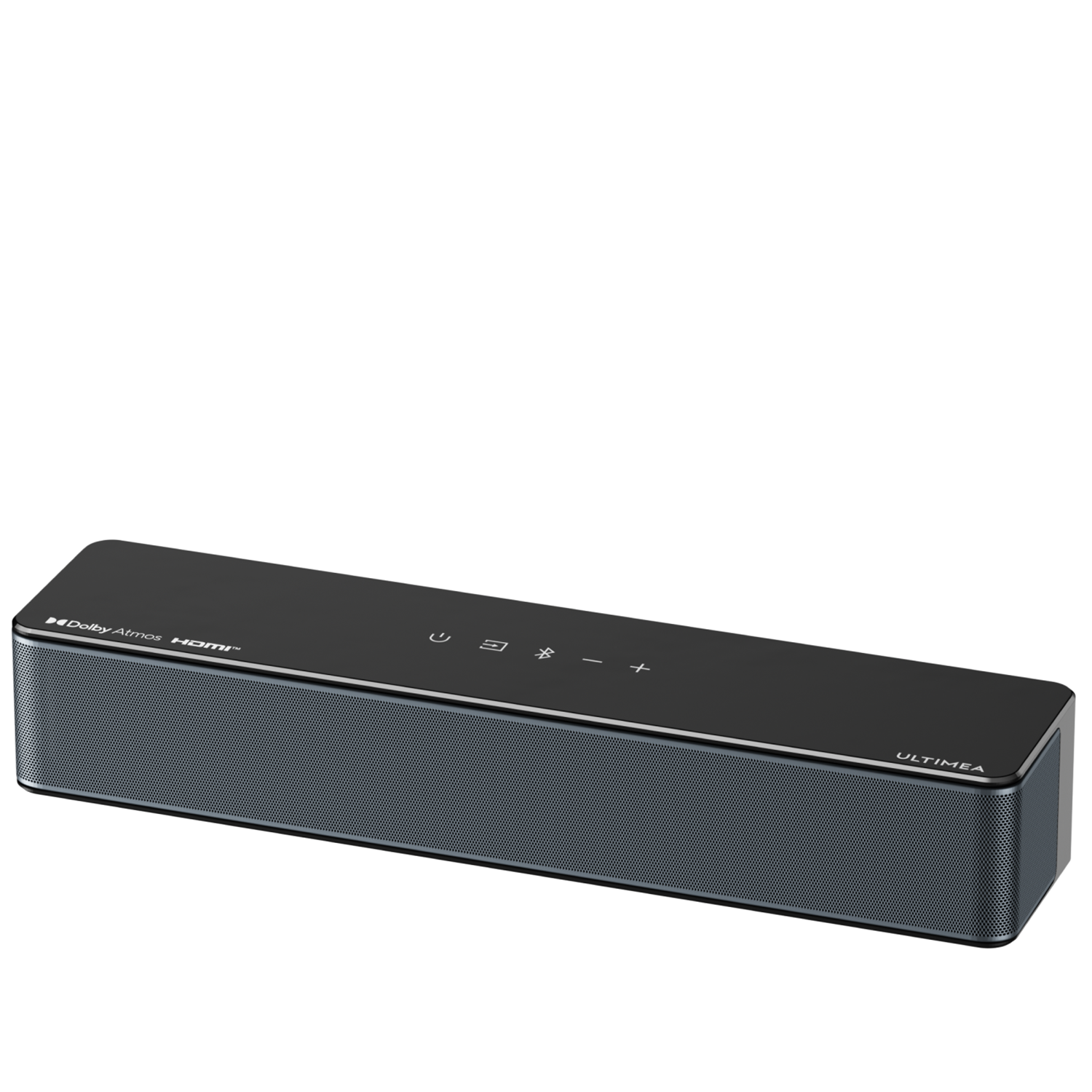 Schwarzer Soundbar mit Dolby Atmos und HDMI-Logo, Steuerknöpfen.