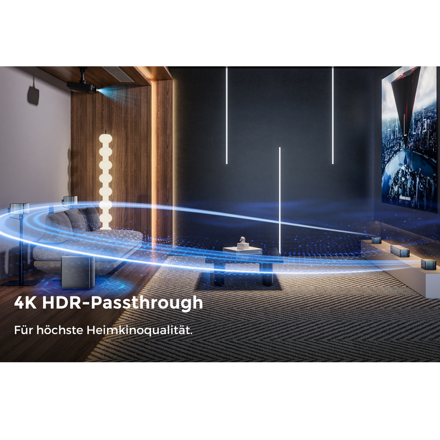 Heimkino mit 4K HDR-Passthrough, Sofa, Projektor und Leinwand.