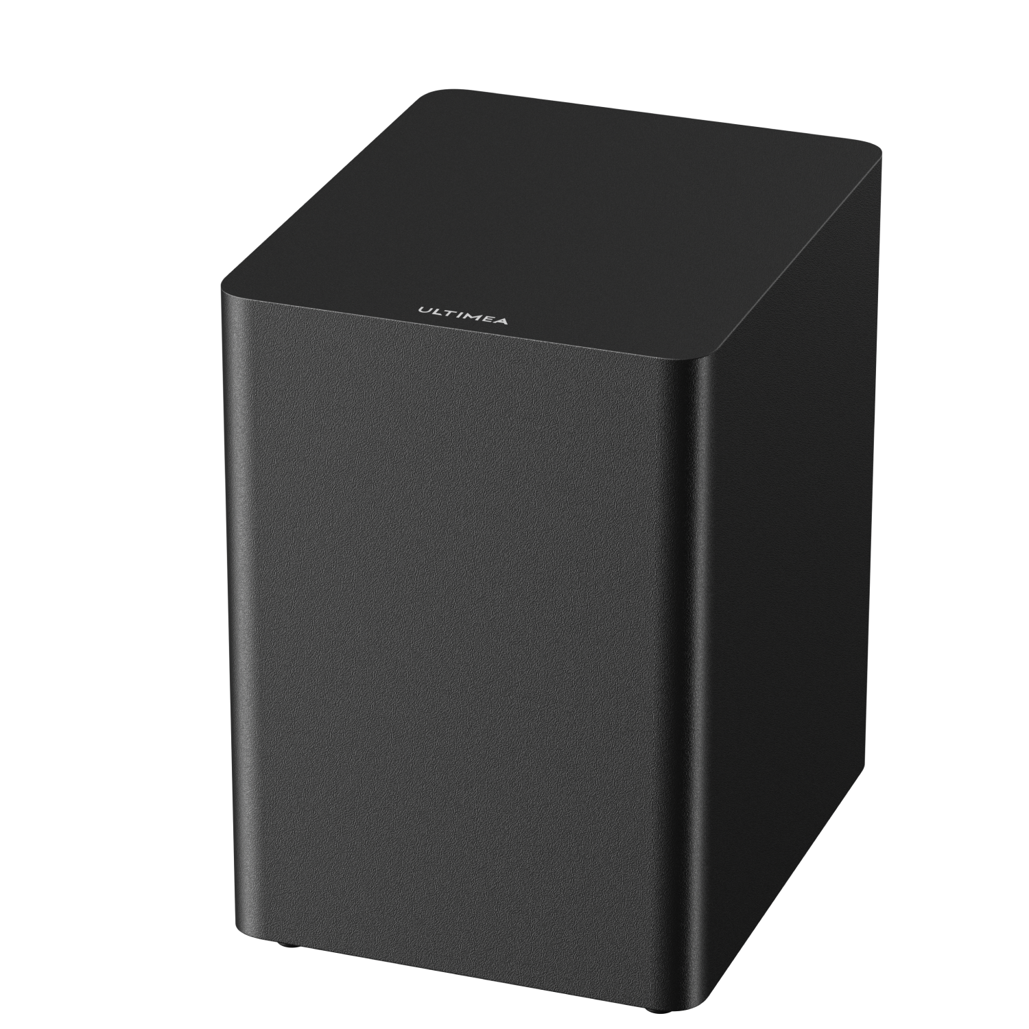Schwarzer, rechteckiger Subwoofer mit der Aufschrift ULTIMEA auf der Oberseite.