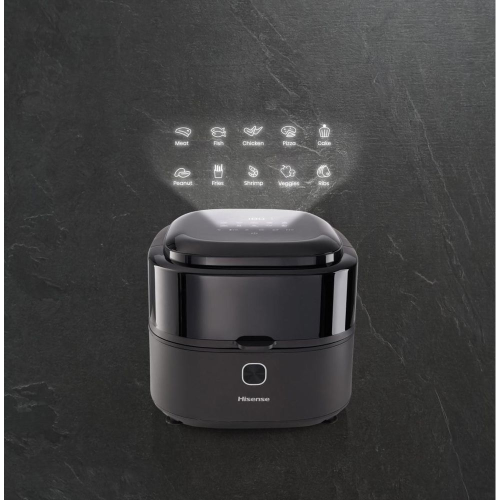 Czarna frytkownica beztłuszczowa Hisense z ikonami gotowania: mięso, ryba, pizza, ciasto.
