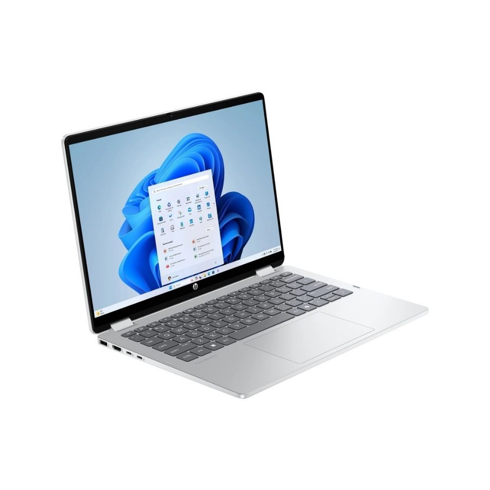 Windows 11 gösteren açık ekranlı gümüş rengi bir dizüstü bilgisayar.