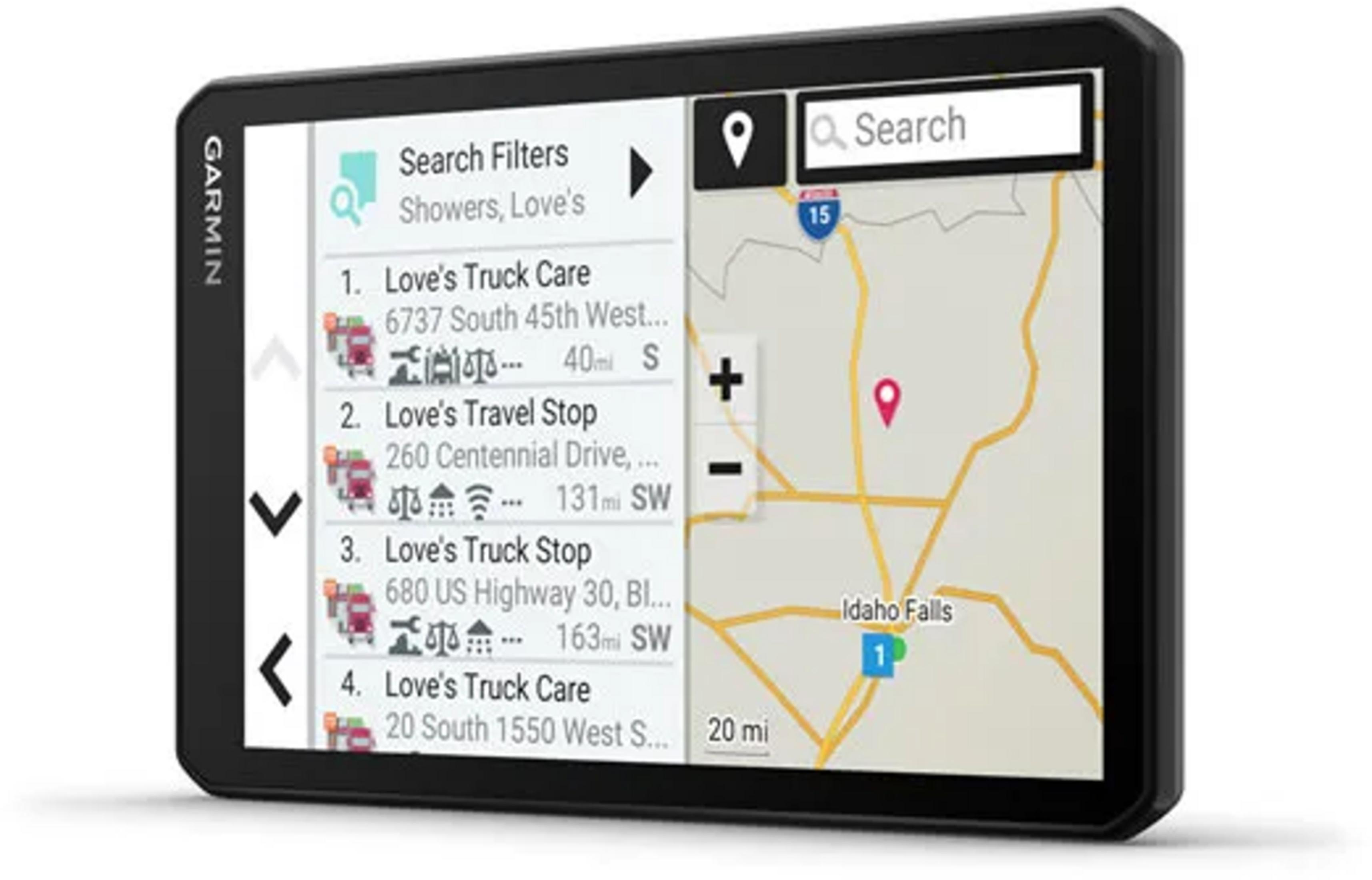 Garmin-Navigationsgerät zeigt eine Liste von LKW-Werkstätten und Raststätten an.
