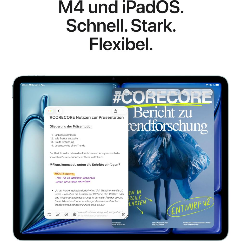 Ein iPad zeigt eine Präsentation mit Texten über Trends und eine Person in blauer Folie.