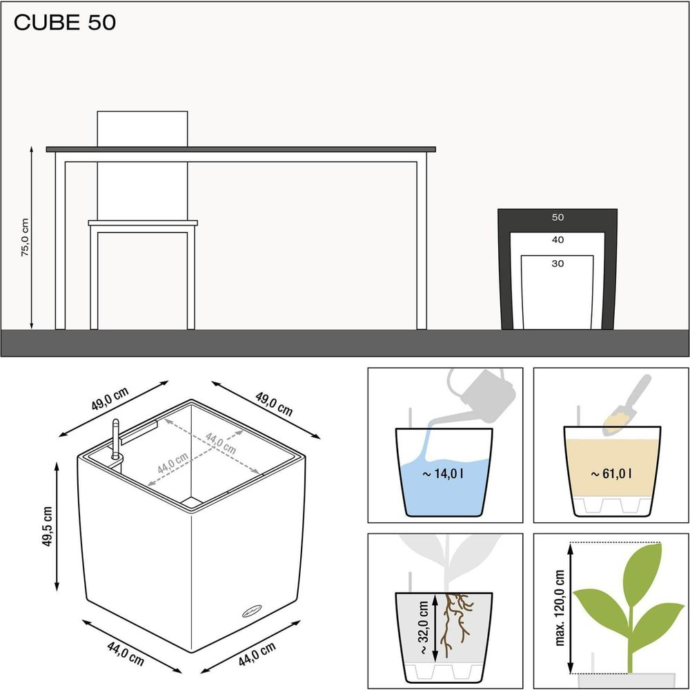 Diagram przedstawia doniczkę z wymiarami, poziomami napełnienia i przykładami.