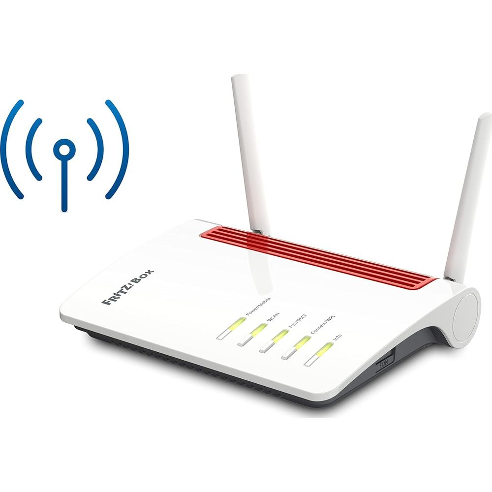 Weißer Router FRITZ!BOX mit Antennen und leuchtenden LEDs.