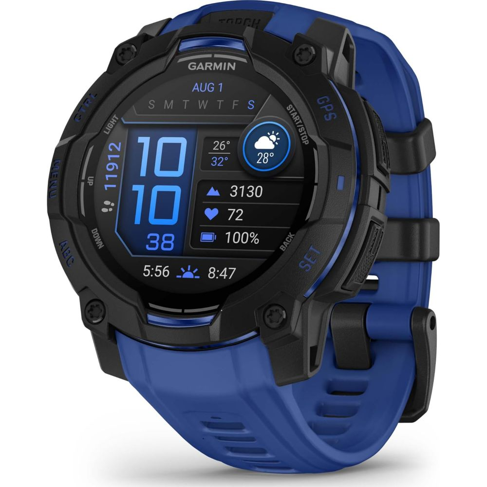 Ein blauer Garmin-Smartwatch mit schwarzem Gehäuse und blauem Armband.
