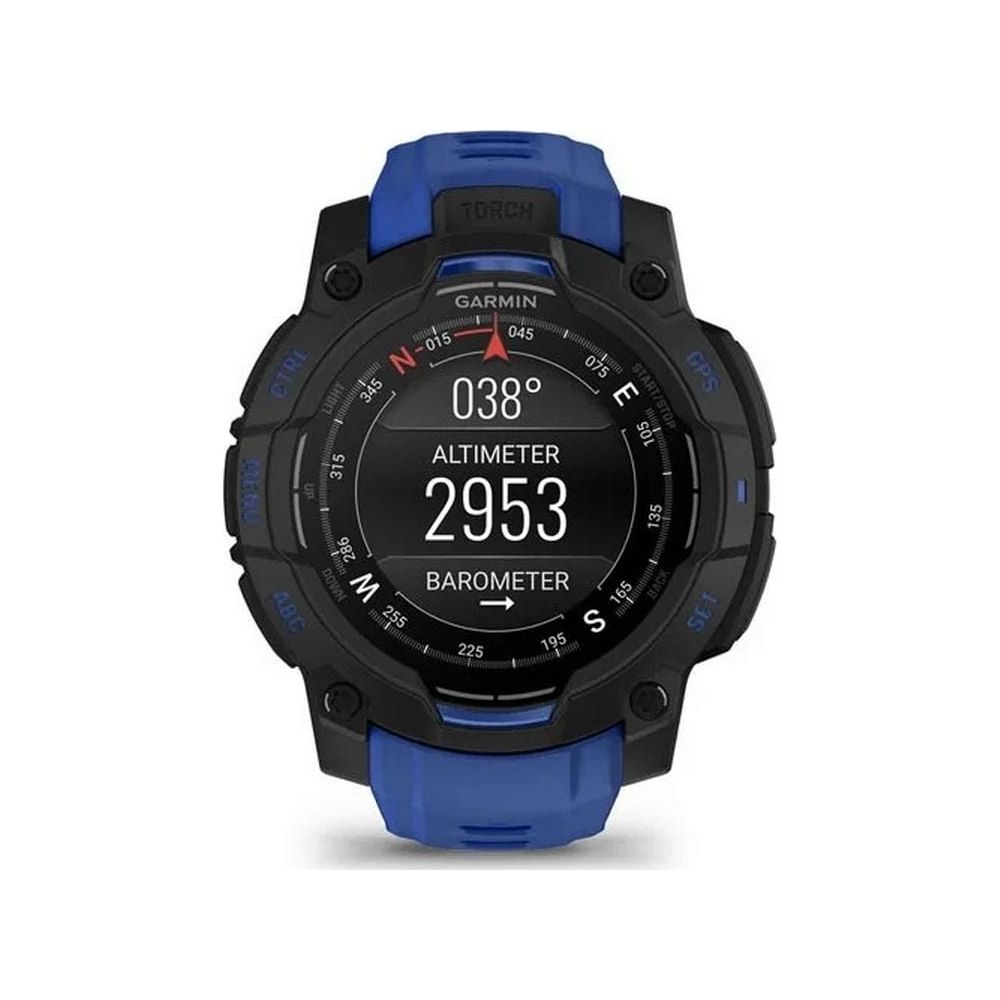 Schwarze Garmin Smartwatch mit blauem Armband, zeigt Höhe und Barometer an.