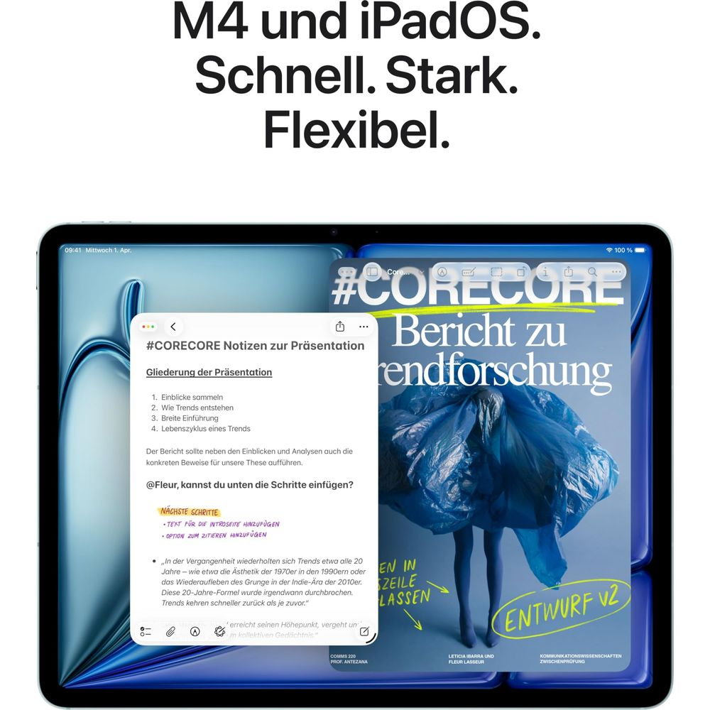 Tablets zeigen eine Präsentation über Trends und Forschung, mit Text und Bildern.