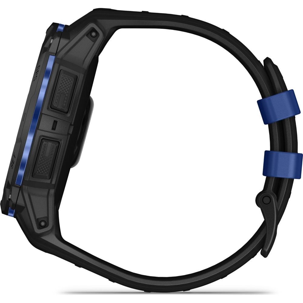 Reloj inteligente negro con detalles y correa azules, vista lateral.