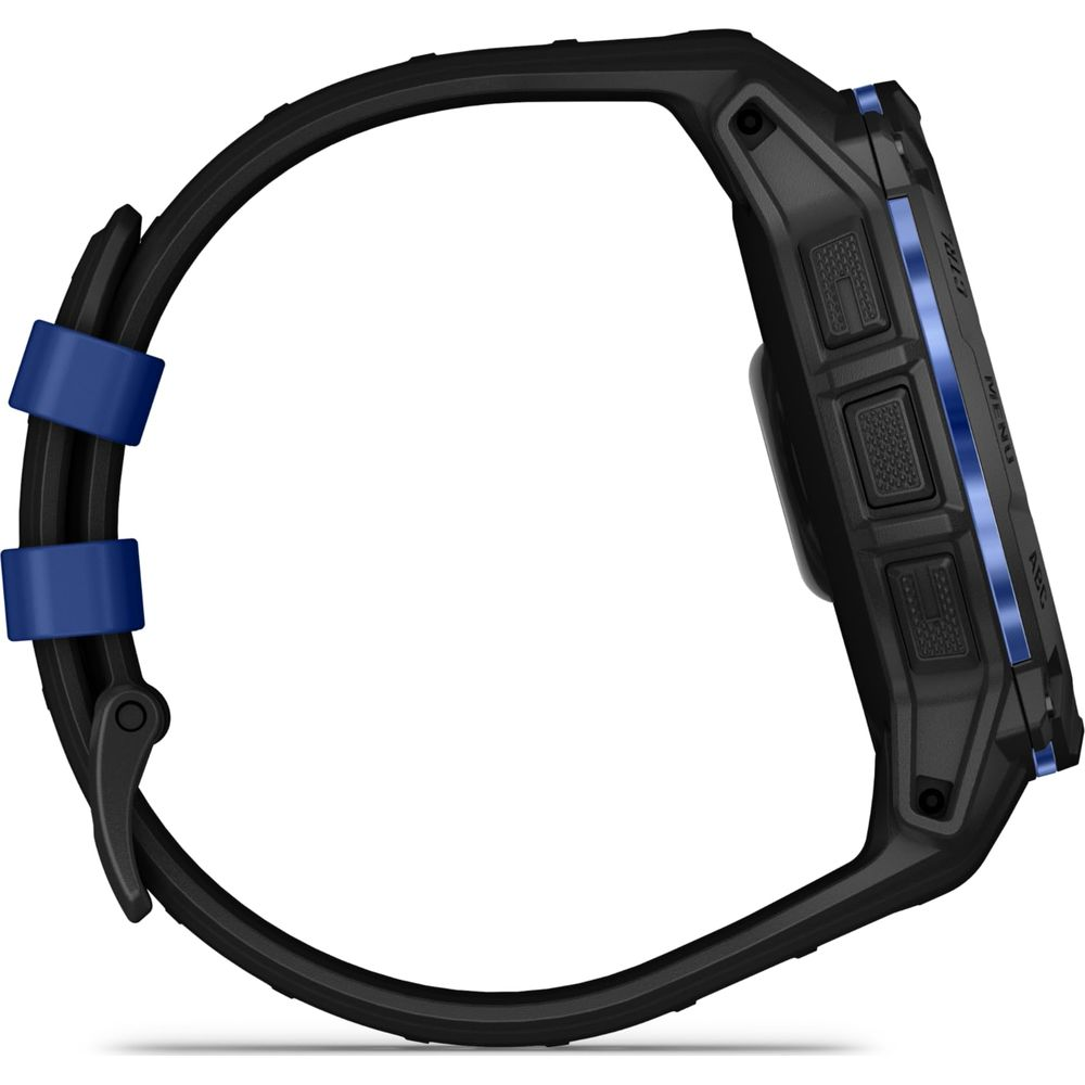 Banda de reloj inteligente negra con detalles y botones azules.