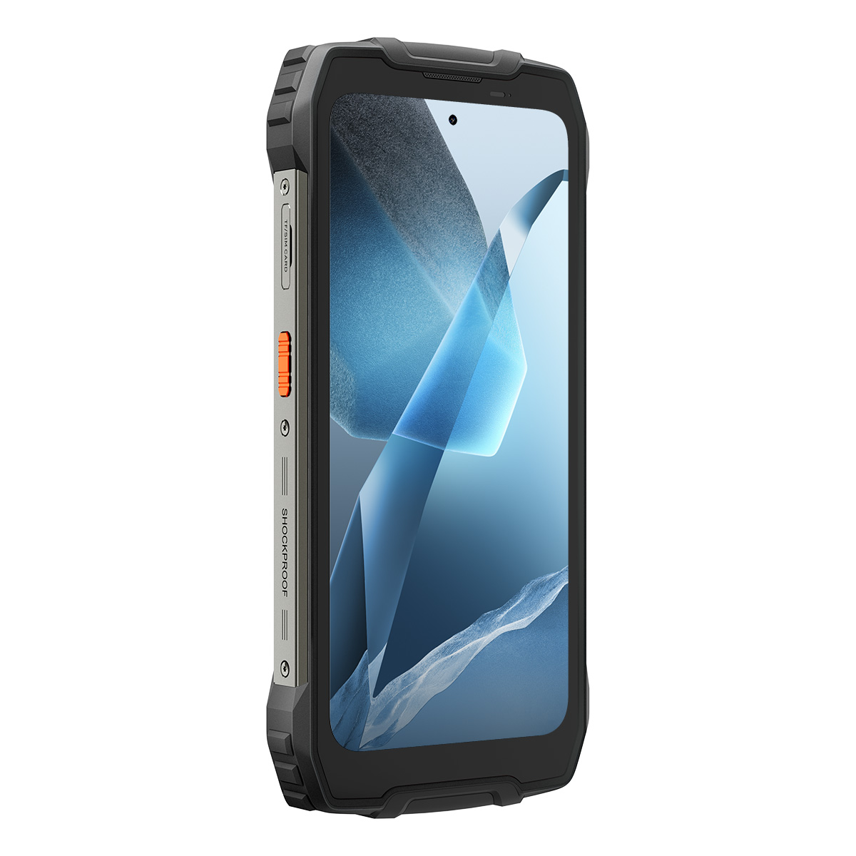 Smartphone robusto con custodia nera, pulsante arancione e slot SIM.