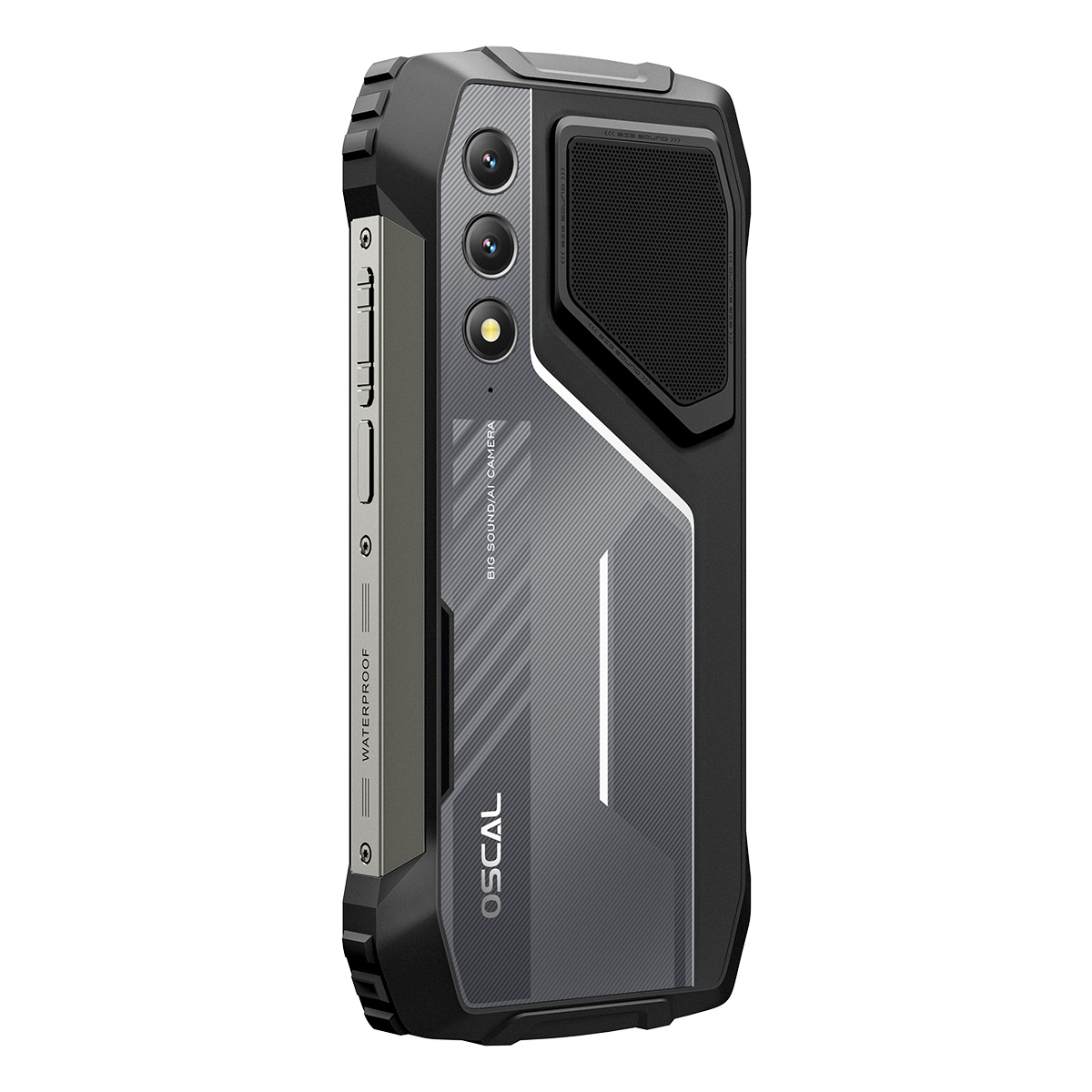 Smartphone robusto con tre fotocamere, altoparlante e logo OSCAL.