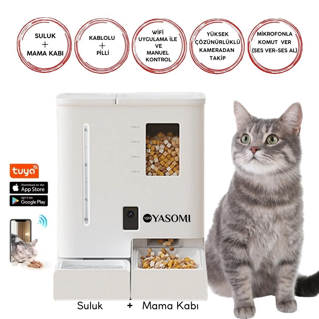 Kamerası olan otomatik evcil hayvan mama kabı, yanında bir kedi.