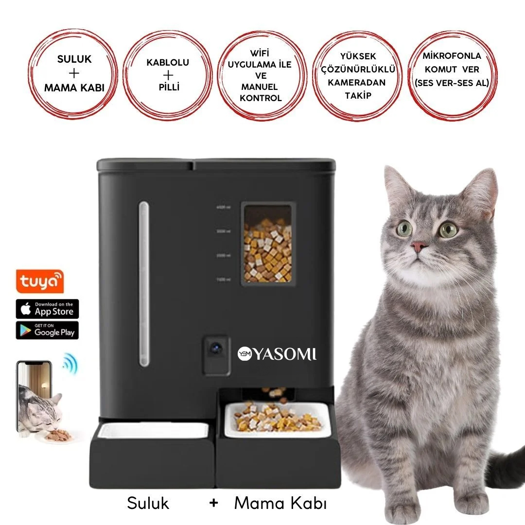 YASOMI DU-F03V SmartPaw+ 2'si 1 Arada 4L/5L Kapasiteli Pilli/Kablolu Akıllı Otomatik Mama ve Su Kabı Siyah
