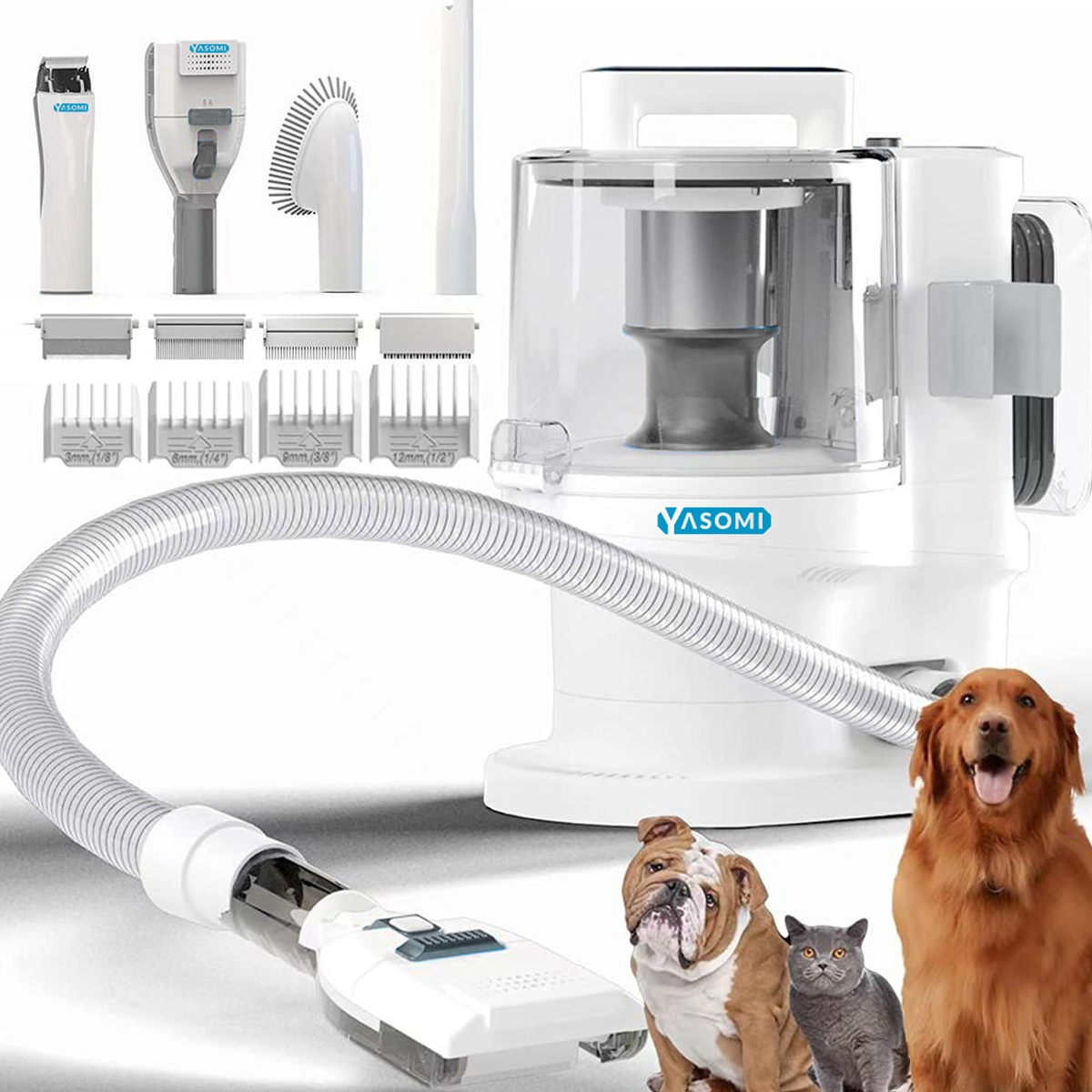 Aksesuar, köpekler ve kedi ile beyaz bir Yasomi evcil hayvan bakım elektrikli süpürgesi.