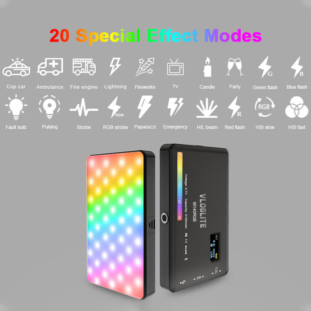 Zwei VILTROX LED-Leuchten mit Regenbogen- und RGB-Effekt. Oben sind 20 Spezialeffekte aufgelistet.