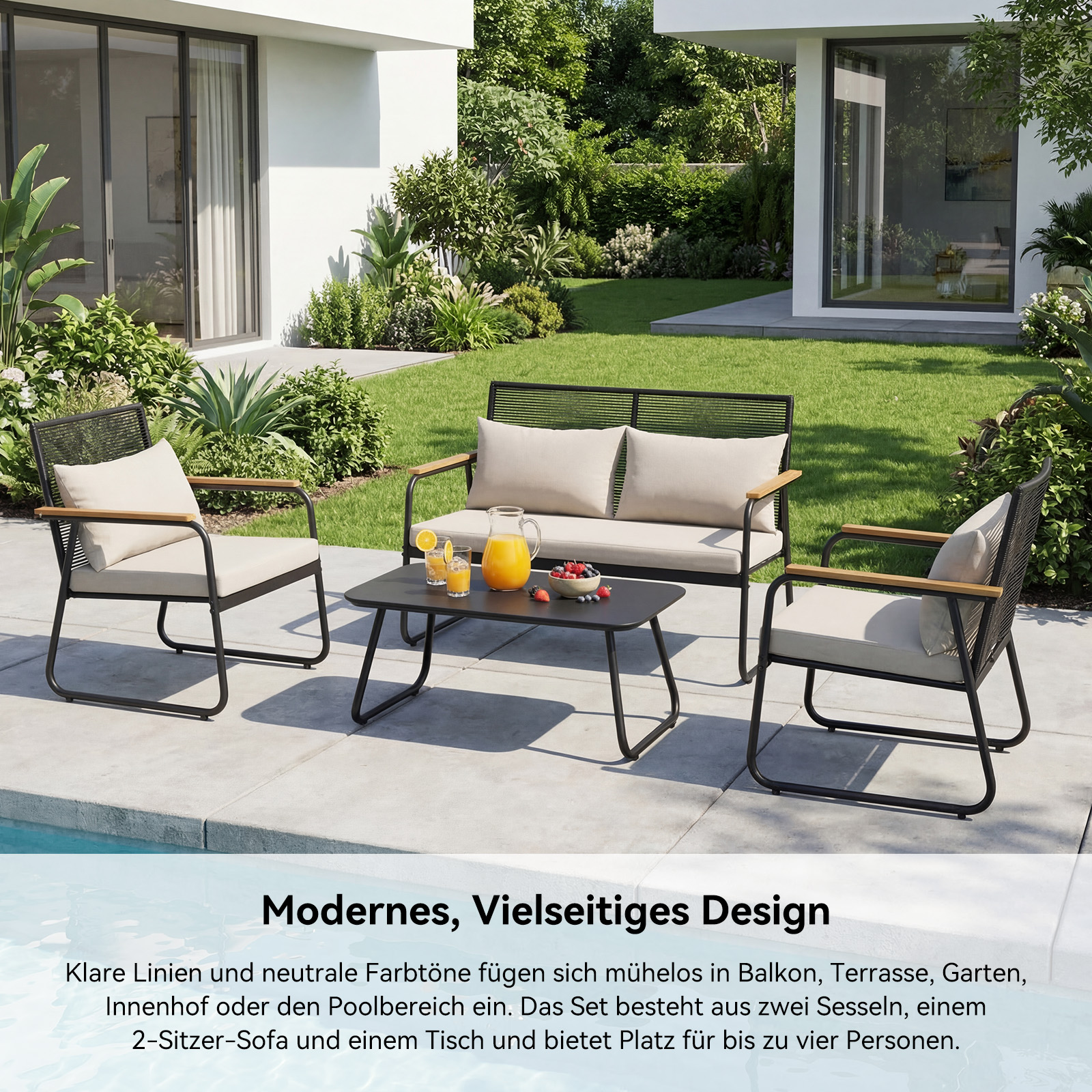 Ein Gartenmöbel-Set mit zwei Sesseln, einem Sofa und einem Tisch am Pool.