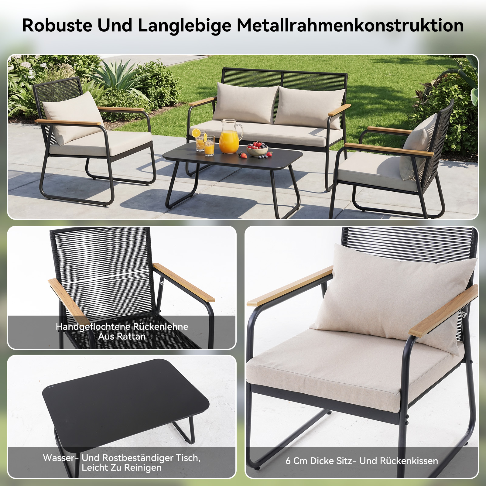 Gartenmöbel-Set mit schwarzem Metallrahmen, hellen Polstern und Holzakzenten.