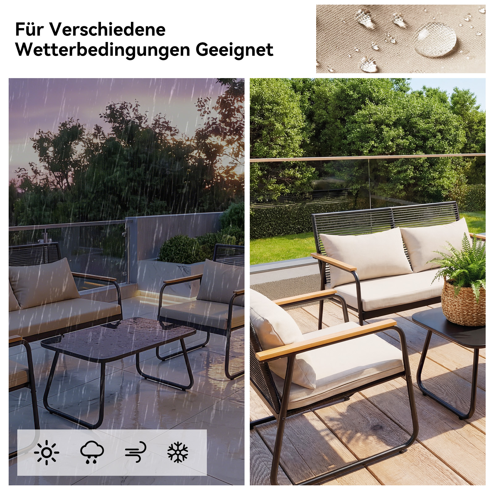 Gartenmöbel bei Regen und Sonnenschein, wasserabweisendes Material.