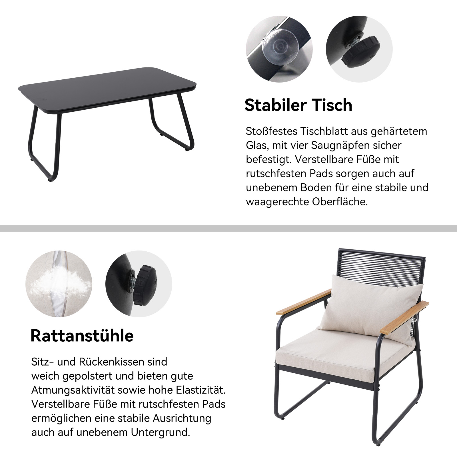 Schwarzer Klapptisch mit abgerundeten Ecken und Metallbeinen.