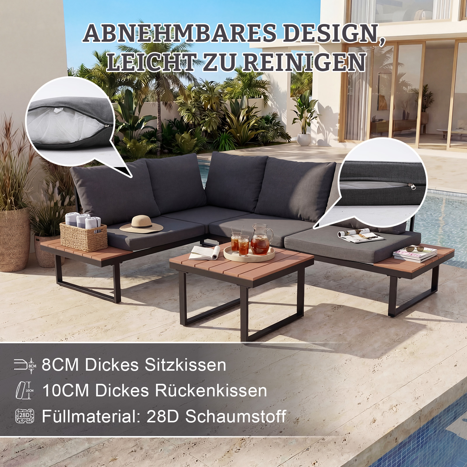 Dunkelgraues Lounge-Set am Pool mit Kaffeetischen. Abnehmbar und leicht zu reinigen.