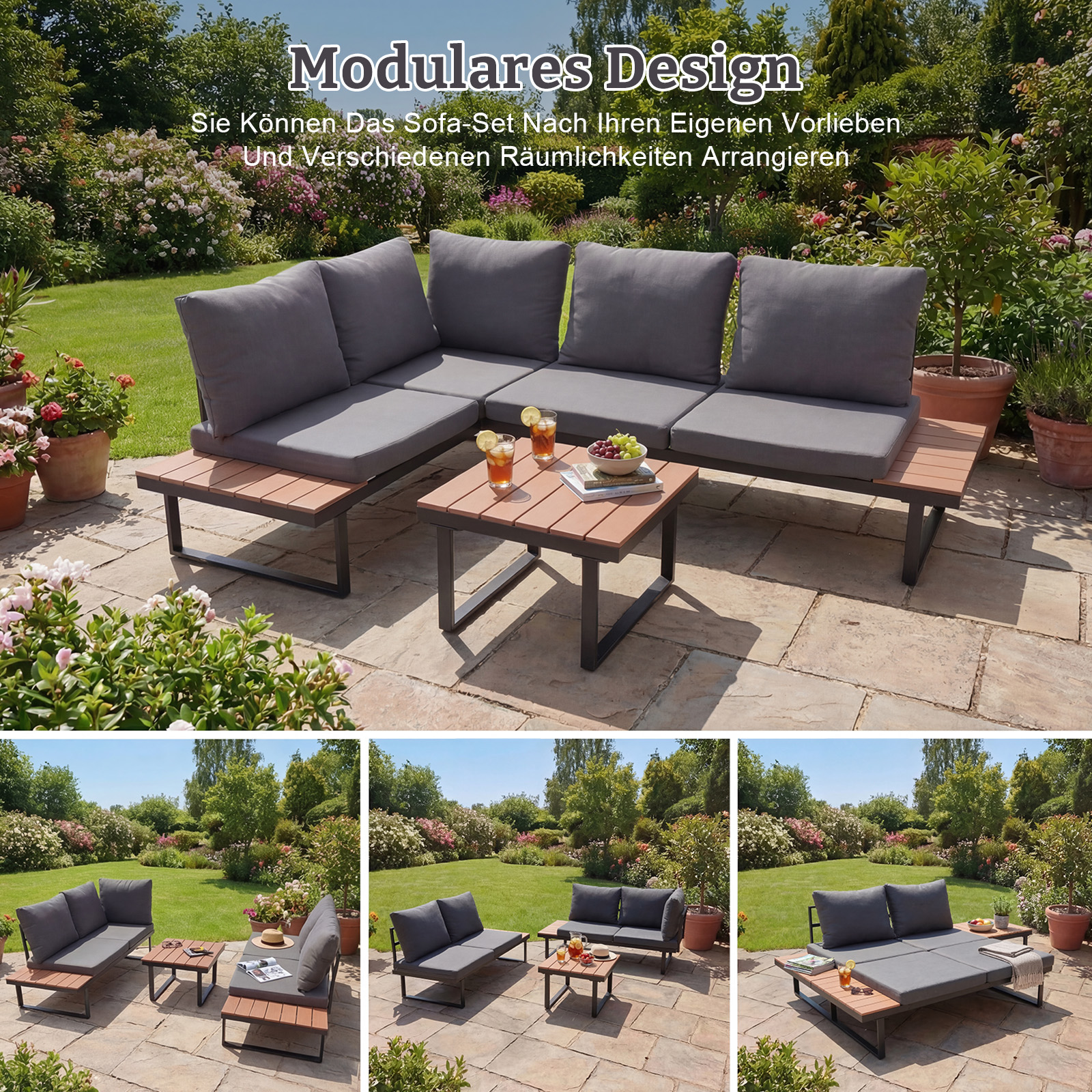 Moderne graue Lounge-Garnitur mit Holzakzenten im Garten.